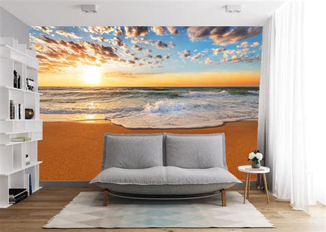 Sea Sunset Vinyl Wallpaper Ocean Beach Wall Mural Sea Sunset Etsy