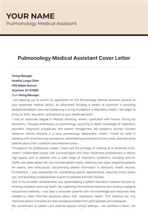 Free Pulmonology Medical Assistant Cover Letter Template to Edit Online