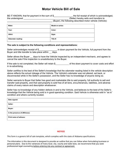 Free Alabama Vehicle Bill Of Sale Form Download Pdf Word