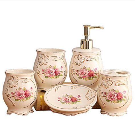 5 Piece Luxury Pink Rose Ceramic Bathroom Accessory Set With Soap Dish Dispenser Toothbrush