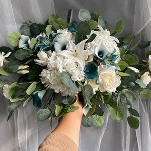 Faux Teal Cascading Bridal Bouquet Teal Tiger Lily Rose Etsy