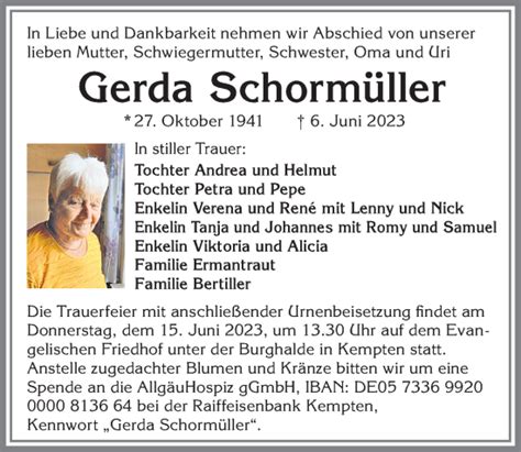 Traueranzeigen von Gerda Schormüller Allgäuer Zeitung