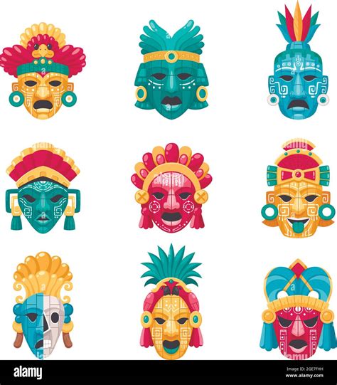 Iconos de dibujos animados de la civilización maya con máscaras