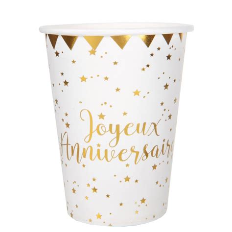 10 Gobelets Joyeux Anniversaire blanc et or chics Dragées Anahita