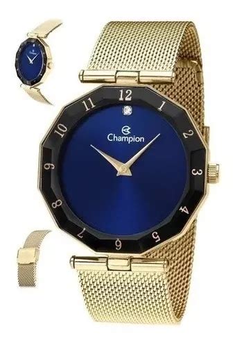 Rel Gio Champion Feminino Dourado Azul Grande K Ouro Mercadolivre