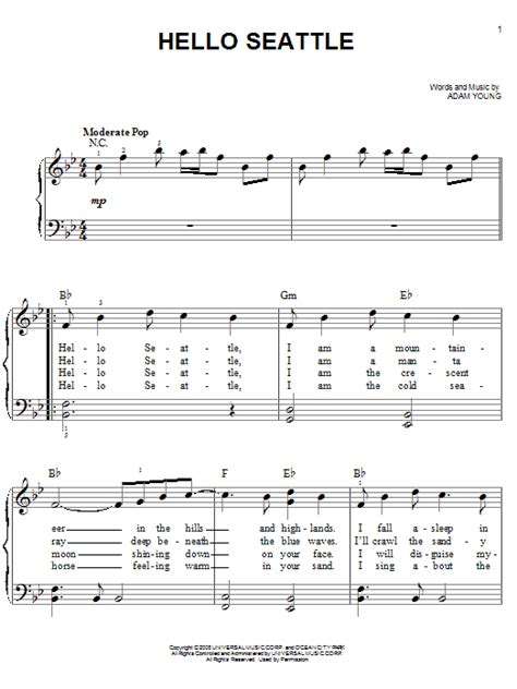 Hello Seattle By Owl City Sheet Music For Easy Piano At Sheet Music Direct