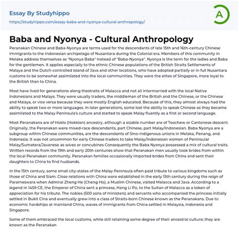 Baba and Nyonya – Cultural Anthropology Essay Example | StudyHippo.com