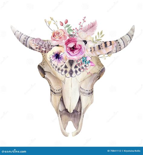 Watercolor Bohemian Cow Skull And Tropic Palm Leaves Western Deer