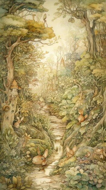 Premium AI Image | A painting of a path through a forest with a cat on it.