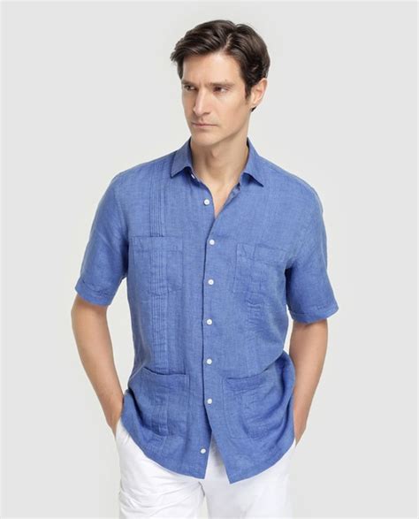 Camisa Guayabera De Lino De Hombre Emidio Tucci Classic Lisa Azul