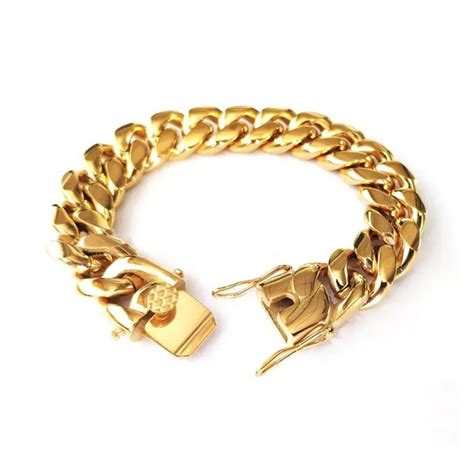 Gold Filled Hommes Miami Cubain Chaîne Bracelet Double Sécurité