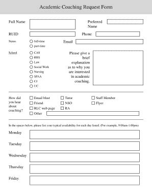 Fillable Online Academic Coaching Request Form Rutgers University Fax