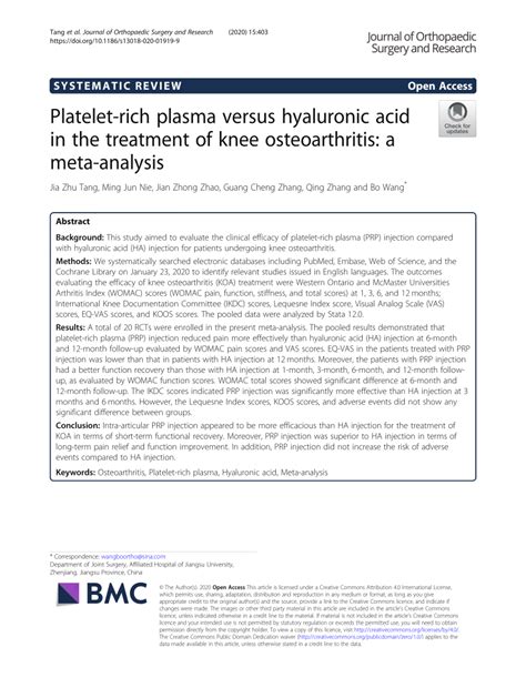 Pdf Platelet Rich Plasma Versus Hyaluronic Acid In The Treatment Of