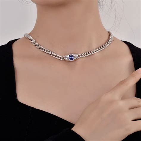 Mm Sapphire Oval Cut Evil Eye Cuban Link Chain In Sterling Sliver