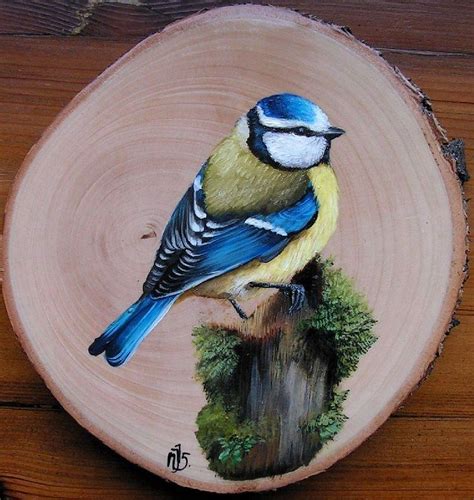 Modraszka Na Pniu Bird Art Pebble Painting Birds Painting