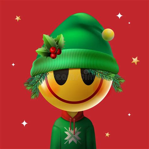 Christmas Elf Emoji Smiling Face And Holiday Decorations Elements Stock