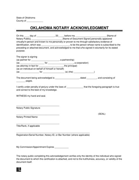 Free Oklahoma Notary Acknowledgment Form PDF Word