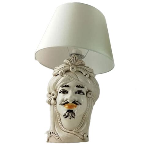 Moorish Head White Man 30 Cm With Lamp Caltagirone Ceramics