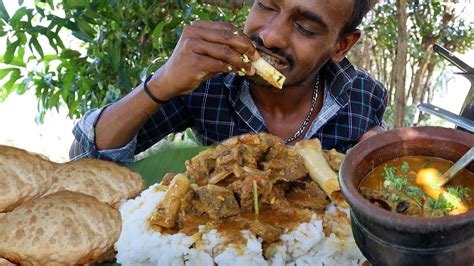 South Indian Mutton Curry Poori And White Rice Eating Challenge Youtube