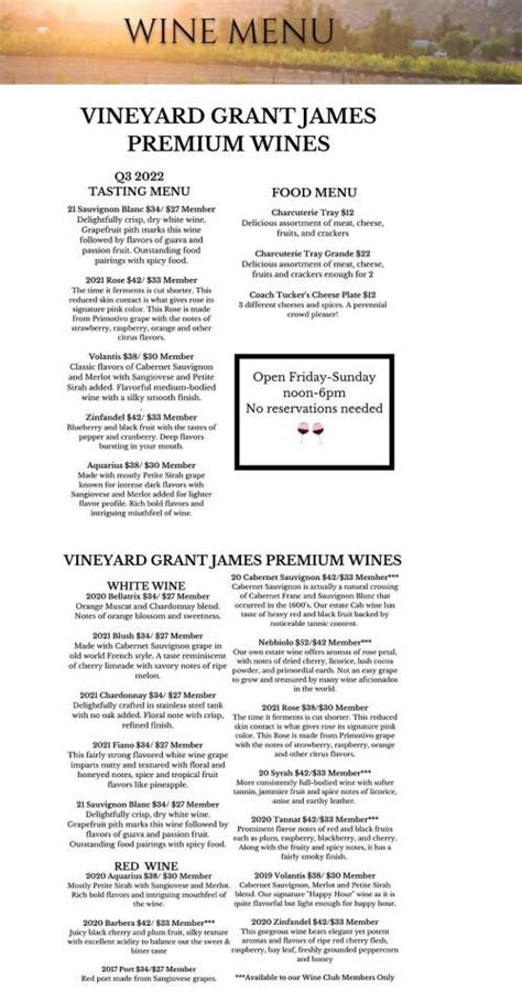 Vineyard Grant James Menu In Ramona California USA