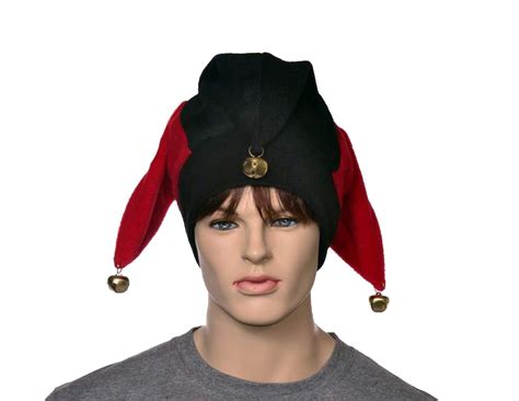 Red Black Jester Hat With Gold Bells Fleece Harlequin Cap Fool Etsy