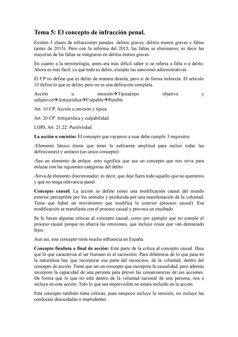 Tema 5 Apuntes 5 Tema 5 El Concepto De Infracción Penal Existen 3