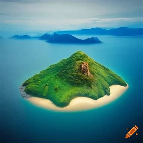 Island With A Majestic Mountain Surrounded By Water On Craiyon