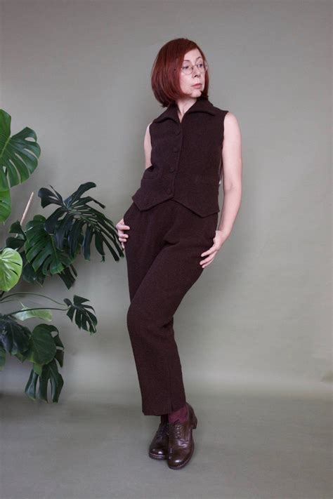 Vest Pant Set Chocolate Brown Wool Boucle Vest Pantsuit Etsy Scarf