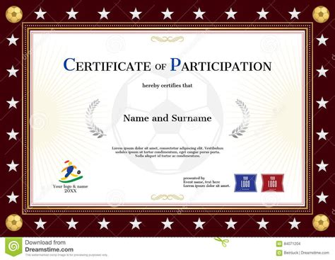 Certificate Of Participation Template In Sport Theme For Footbal Stock