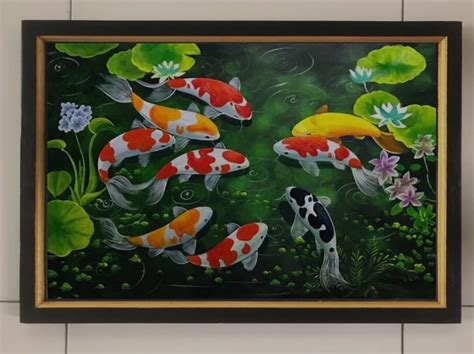 Hiasan Dinding Cetak Gambar Lukisan Ikan Koi Plus Bingkai Ukuran