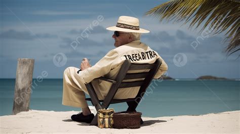 An Old Man Wearing A Hat And Suit Is Sitting On A Beach In An Ocean