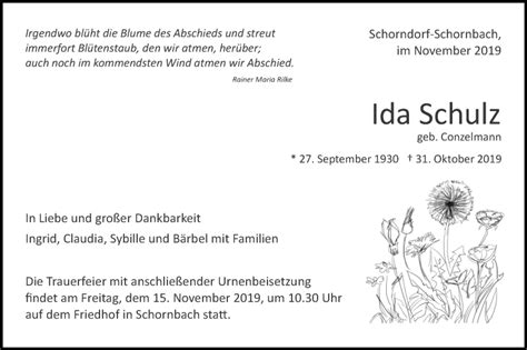 Traueranzeigen Von Ida Schulz Zvw Trauer