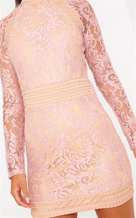 Dusty Pink Lace High Neck Bodycon Dress Prettylittlething Usa