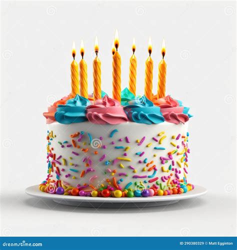 A Festive Birthday Cake With Lit Candles And Colorful Sprinkles Stock