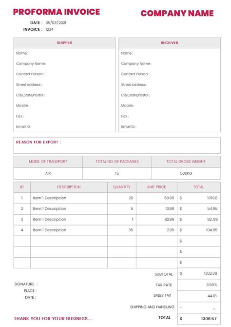 Proforma Invoice Template Printable