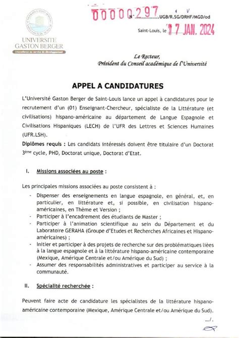 L Université Gaston Berger lance un avis d appel à candidatures pour le