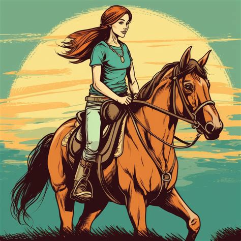 A girl riding on a horse, cartoon illustration with generative ai ...