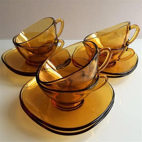 Vereco Coffee Cups And Saucers French Amber Glass Vintage Set Of 6