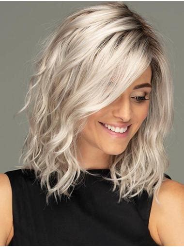 14 Shoulder Length Platinum Blonde Wavy Synthetic Affordable Lace