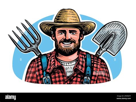 Happy Farmer With Gardening Tools Farm Worker With Shovel And