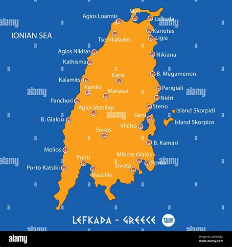 Island Of Lefkada In Greece Orange Map Art And Blue Background Stock