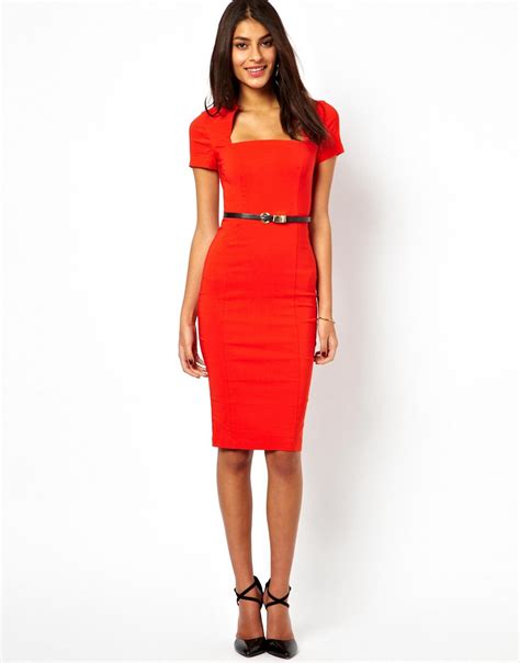 Lyst Asos Pencil Dress With Square Neck In Red