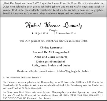 Traueranzeigen Von Hubert Werner Lennartz Aachen Gedenkt