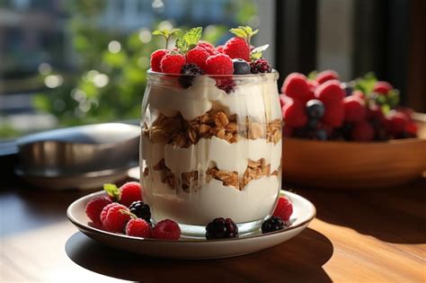 Parfait De Yogur Griego Con Bayas Y Miel En La Mesa Con Fondo De Cocina