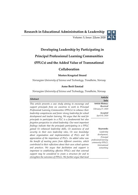 Pdf Developing Leadership By Participating In Principal Professional Learning Communities