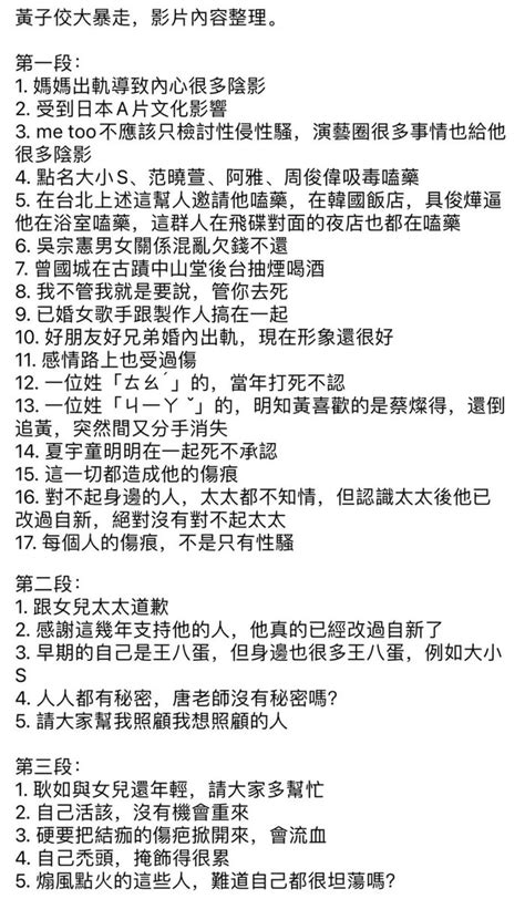 黄子佼（小s前男友）被爆性骚扰 于是公开道歉承认然后祸水东引 以一己之力搞到台娱地震自曝大小s和大s现任老公具俊烨 范晓萱 阿雅 周俊伟嗑药等等以下是台湾网友整理的黄子佼视频内容合集