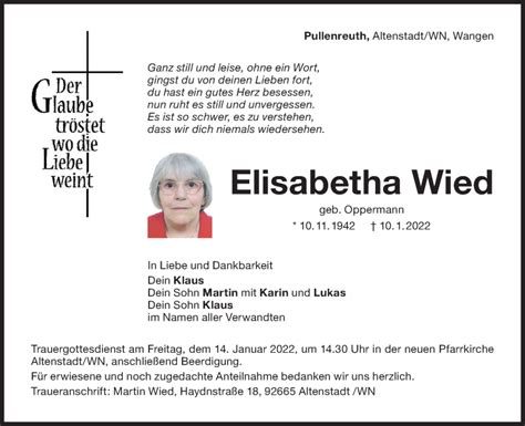 Traueranzeigen Von Elisabetha Wied S Dwest Presse Trauer