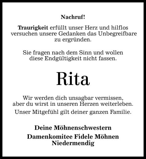 Traueranzeigen Von Rita Rz Trauer De