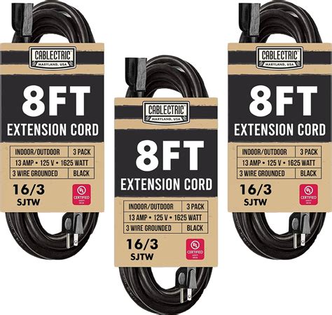 Cablectric 3 Pack Weatherproof Black Extension Cord 8 Ft 16 3 SJTW 8