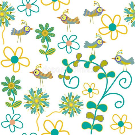 Cute Vector Seamless Pattern With Cartoon Bird An Stock Vector